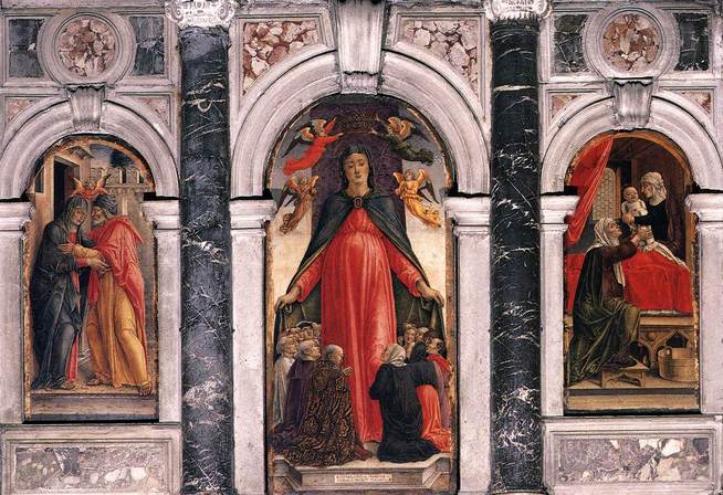 The brightly coloured triptych by Bartolomeo Vivarini, whose central scene depicts the Madonna della Misericordia (1473). 