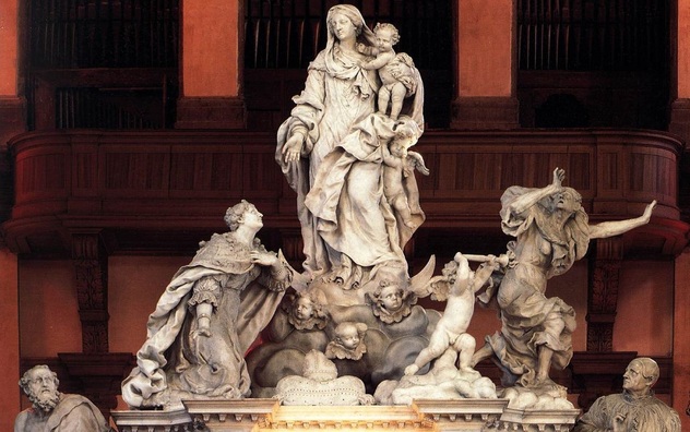 The Queen of Heaven Expelling the Plague, the sculptural group at the high altar, is a theatrical masterpiece by the Flemish artist, Giusto Le Corte, Santa Maria della Salute, Venice